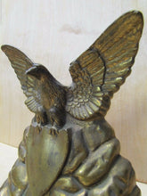 Load image into Gallery viewer, Old Brass Eagle Doorstop large heavy spread winged shield perched on rocks Art
