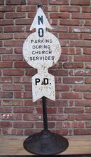 Load image into Gallery viewer, Old HOBOKEN PD Street Sign No Parking During Church Service cast iron base NJ NY
