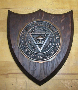 Old SPRINGFIELD COLLEGE MASS Plaque Sign CHARACTER TRUTH SERVICE Wood Metal