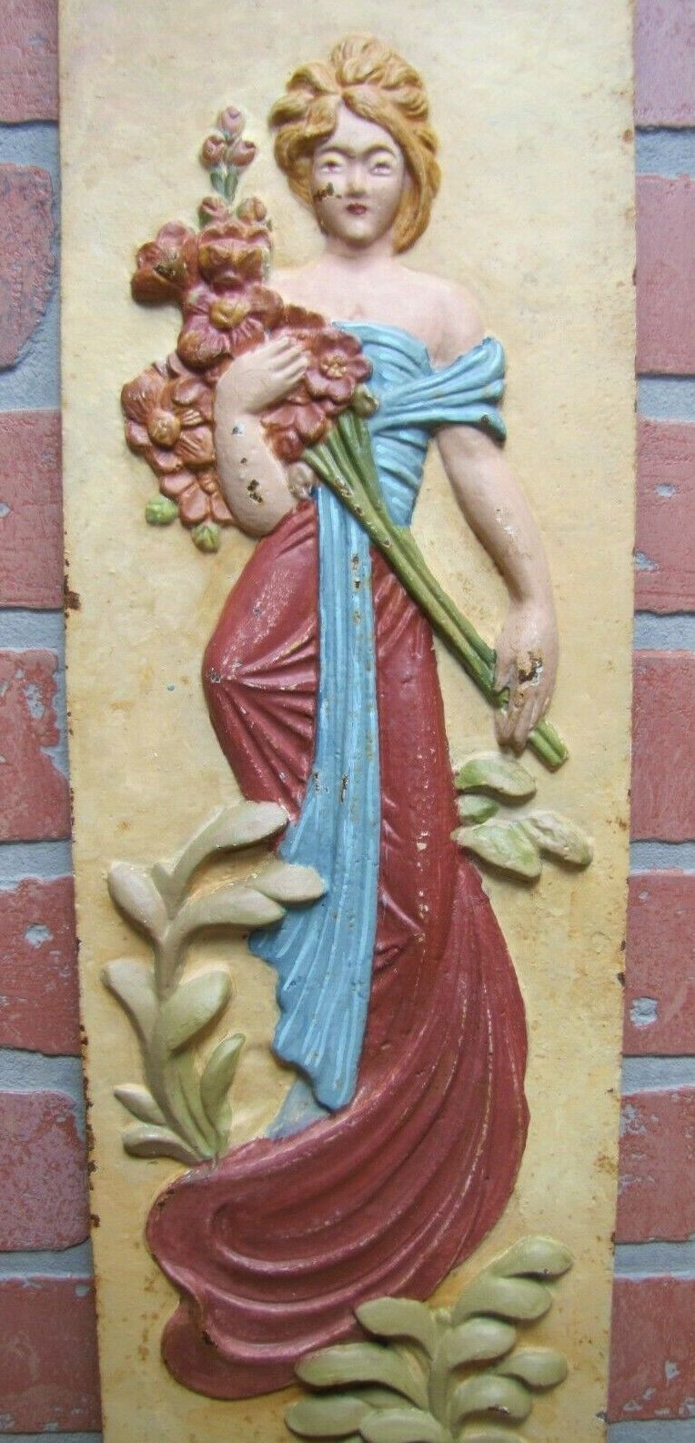 Maiden in Gown Holding Bouquet of Roses Decorative Arts Cast Iron Plaque
