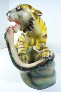 Vtg TIGER & SNAKE FIGHTING Large Decorative Art Pottery Statue Portugal