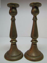Load image into Gallery viewer, Antique Candlesticks small pair bronze brass fine details lovely old worn patina
