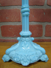 Load image into Gallery viewer, SERPENT SNAKE KOI DRAGON FISH Antique Pair Blue Milkglass Candlesticks Ornate
