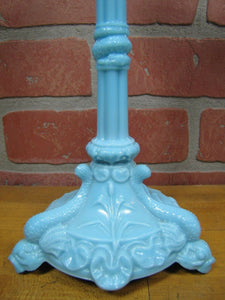 SERPENT SNAKE KOI DRAGON FISH Antique Pair Blue Milkglass Candlesticks Ornate