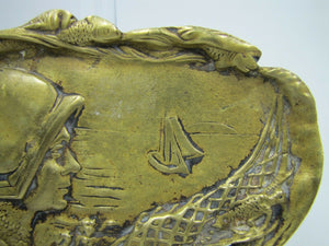 Maiden Bonnet Sailing Ship Ocean Fish Old Brass Tray Ashtray Card Tip Trinket