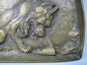 Antique Bronze Lion Decorative Art Tray Ornate High Relief Design Tree Landscape