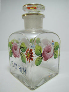 Antique BAY RUM Apothecary Drug Store Square Glass Bottle Hand Painted Jar