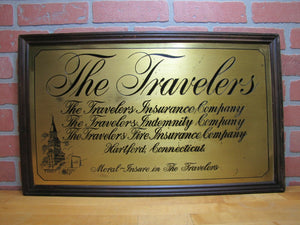 TRAVELERS INSURANCE HARTFORD CONNECTICUT Antique Brass Wooden Framed Sign