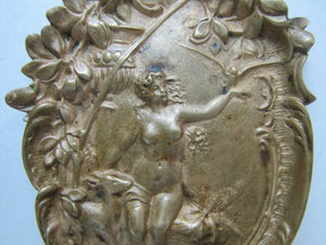 Antique Art Nouveau Nude Maiden Trinket Tray Bird in Hand Doe High Releif Beauty