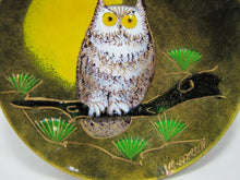 Load image into Gallery viewer, Mid Century Owl Enamel over Copper Plate artist signed Ratcliff nicely detailed
