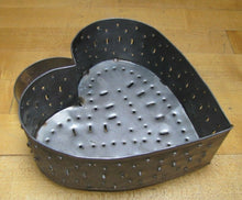 Load image into Gallery viewer, Vtg Tin Heart Shape Cheese Mold Strainer punched metal three footed top handle
