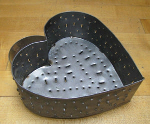 Vtg Tin Heart Shape Cheese Mold Strainer punched metal three footed top handle