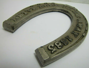 DRIVE DULL CARE AWAY 1885 Antique Cast Iron Nickel Plated Advertising Horseshoe