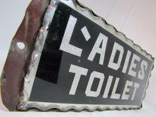 Load image into Gallery viewer, Antique LADIES TOILET Chip Glass Foil Sign thick scalloped edge tin frame ad
