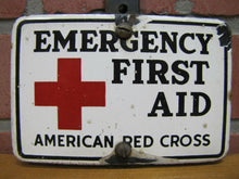 Load image into Gallery viewer, Old Porcelain AMERICAN RED CROSS EMERGENCY FIRST AID Sign Plate Topper Ad
