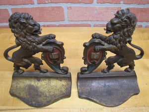 Antique Cast Iron LION Bookends Upright Crest Shield Decorative Art Statues