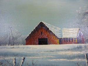 Everett Woodson Oil on Canvas Barn Scene Lrg Framed Decorative Art Painting