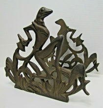 Load image into Gallery viewer, Fish Tank Bowl Holder Bracket Frame Old Cast Iron Art Deco Frogs Tophat Tuxedo
