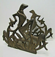 Load image into Gallery viewer, Old Cast Iron Fish Tank Bowl Holder Bracket Frame Art Deco Frogs Tophat Tuxedo
