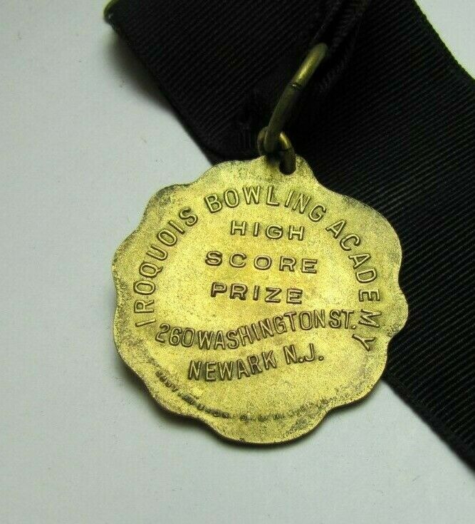 IROQUOIS BOWLING ACADEMY HIGH SCORE Old Award Medallion Ribbon Gold Gilt Ornate