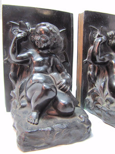 Antique Art Nouveau CHERUB CHILD FROG BUTTERFLY Bookends Decorative Art Statue