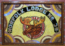 Load image into Gallery viewer, LOYAL ORDER OF MOOSE NORFOLK Old Folk Art Butterfly Wings Marquetry Plaque Sign
