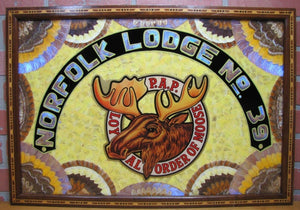 LOYAL ORDER OF MOOSE NORFOLK Old Folk Art Butterfly Wings Marquetry Plaque Sign