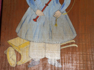 Folk Art Painting BOY WITH TOY CART on Plank 19c depiction LINDA BROOK BAXTER
