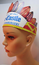Load image into Gallery viewer, Orig WHITE CASTLE All-Beef HAMBURGERS Advertising Hat Feather Headdress NOS
