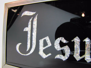 JESUS CARES Sign Glass Front Foil Design Lettering Deco Tin Bevel Frame