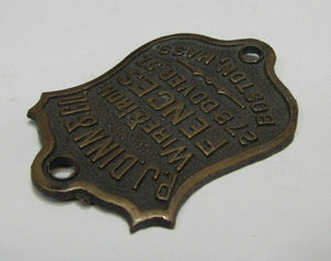 PJ DINN & Co WIRE & IRON FENCES BOSTON MASS Antique Bronze Brass Nameplate Sign