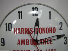 Load image into Gallery viewer, HARRIS DONOHO AMBULANCE Old Advertising Clock Bowed Glass EMT Rescue Ad Sign USA
