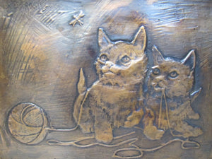 Vintage Pair of Kittens Playing with Ball Copper Hammered Tooled Artwork Plaque