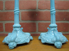 Load image into Gallery viewer, SERPENT SNAKE KOI DRAGON FISH Antique Pair Blue Milkglass Candlesticks Ornate
