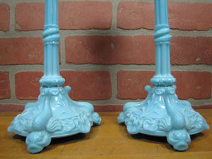 SERPENT SNAKE KOI DRAGON FISH Antique Pair Blue Milkglass Candlesticks Ornate