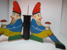 Load image into Gallery viewer, Antique Three Gnomes Christmas Tree Pole Stand hand painted metal wooden shoes
