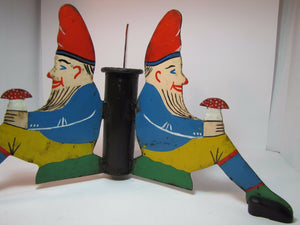 Antique Three Gnomes Christmas Tree Pole Stand hand painted metal wooden shoes