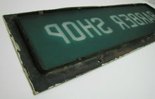 Load image into Gallery viewer, BARBER SHOP Ornate Antique Sign Rare Green Overlay Frosted Glass Bronze Frame
