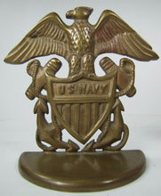 Load image into Gallery viewer, Old Brass US NAVY Spread Winged Eagle Shield Anchors Figural Doorstop Bookend
