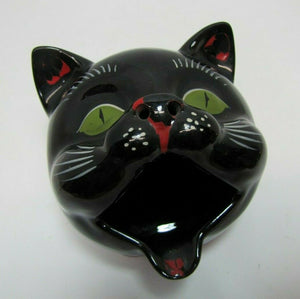 Mid Century Black Kitty Kat Head Figural Redware Pottery Ashtray Incense Burner
