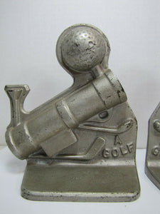 1930s GOLF Cast Iron Bookends Golf Ball Bag Tee Clubs Decorative Art Book Ends