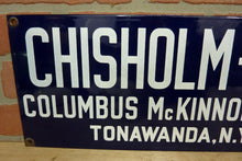 Load image into Gallery viewer, CHISHOLM-MOORE HOIST Old Porcelain Sign COLUMBUS McKINNON CHAIN TONAWANDA NY USA
