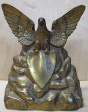 Load image into Gallery viewer, Old Brass Eagle Doorstop large heavy spread winged shield perched on rocks Art
