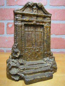 DOOR Antique Cast Iron Figural Doorstop Bookend Entrance Way Steps Landscape