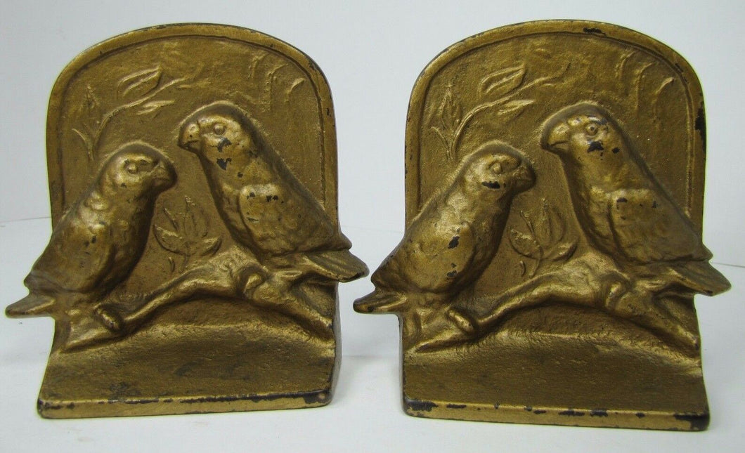 Antique LOVE BIRDS Cast Iron Bookends Pair Birds Sitting Branch Decorative Arts