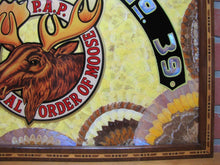 Load image into Gallery viewer, LOYAL ORDER OF MOOSE NORFOLK Old Folk Art Butterfly Wings Marquetry Plaque Sign
