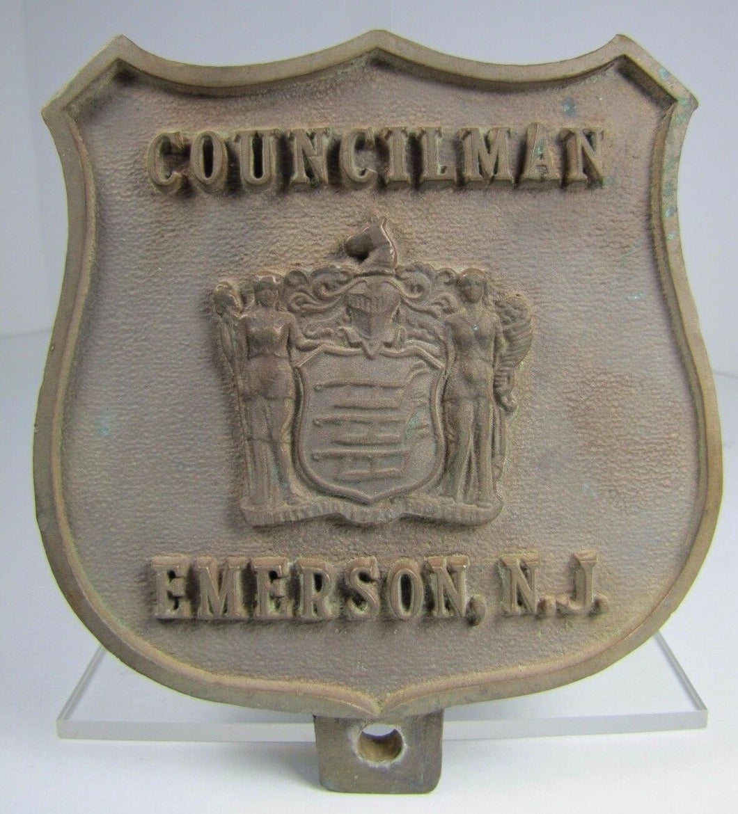 COUNCILMAN EMERSON NJ Old Brass Plaque License Plate Car Auto Badge Sign Ad
