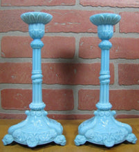 Load image into Gallery viewer, SERPENT SNAKE KOI DRAGON FISH Antique Pair Blue Milkglass Candlesticks Ornate
