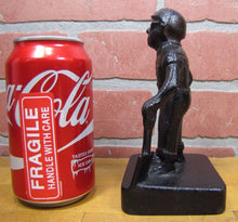 Load image into Gallery viewer, Old Cast Iron FOUNDRY WORKER COAL MINER Figural Doorstop Hat Goggles Shovel
