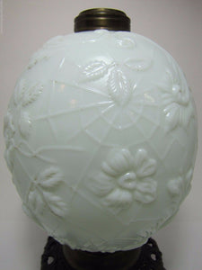 Antique 19c Victorian Milk Glass Spider Web Oil Lamp FG Co cast iron base ornate
